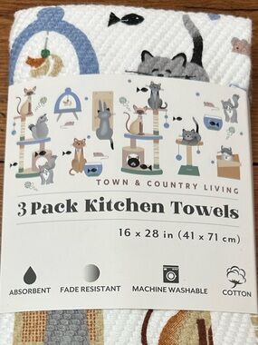 Town & Country Living 3-Pack Kitchen Towels - Cat Print - White/Gray/Blue